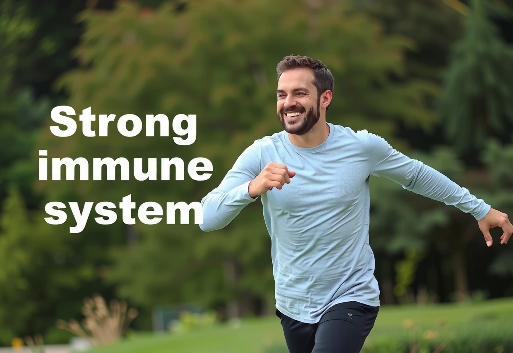 O persoană care face exerciții fizice în aer liber, cu un zâmbet energic, reprezentând imunitatea puternică