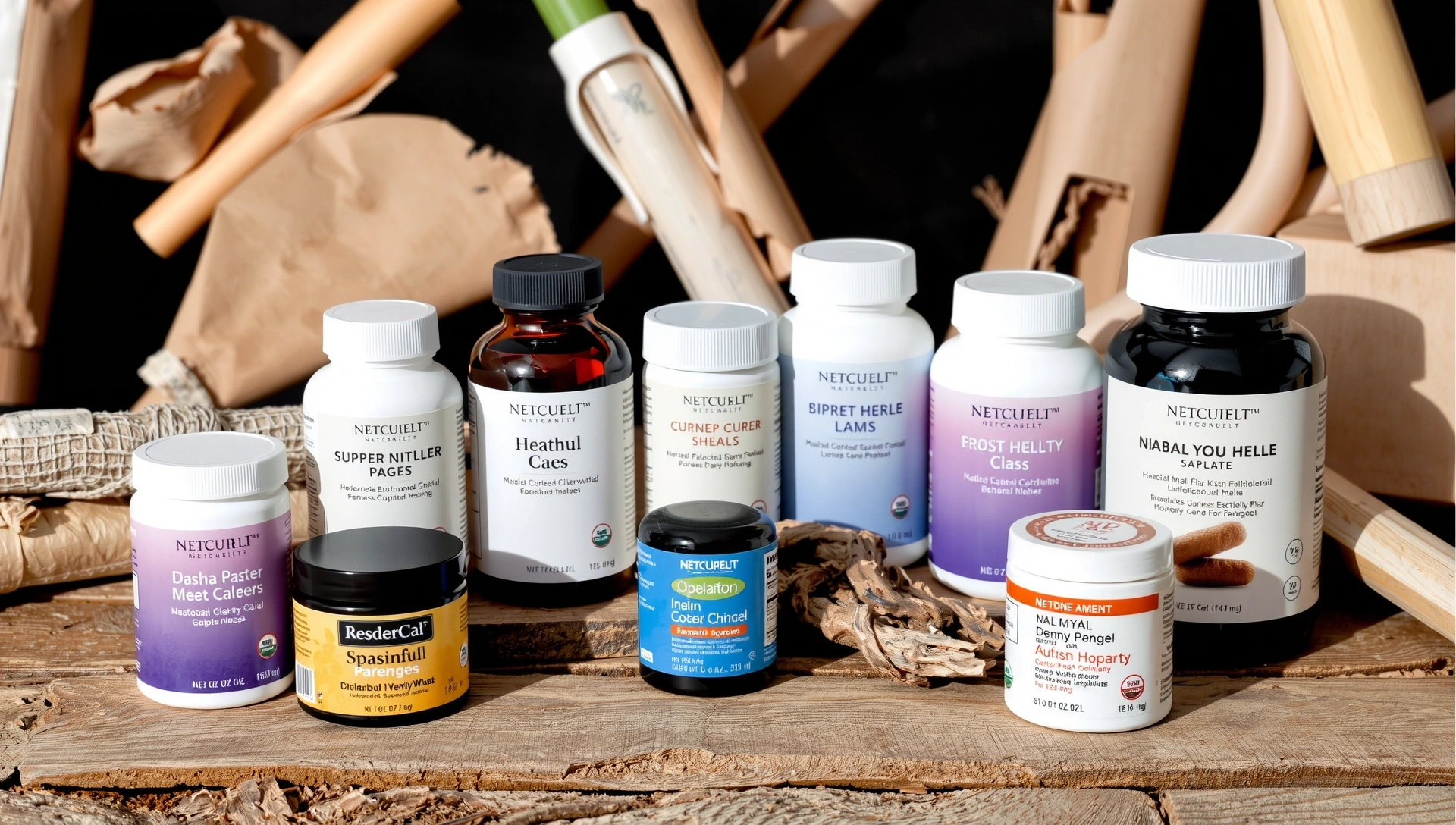 Sortiment variat de suplimente naturale de sănătate pe un fundal natural, cu ambalaje curate și luminoase.