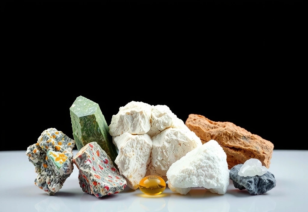 Varietate de minerale esențiale prezentate într-un mod științific și estetic, cu etichete clare.