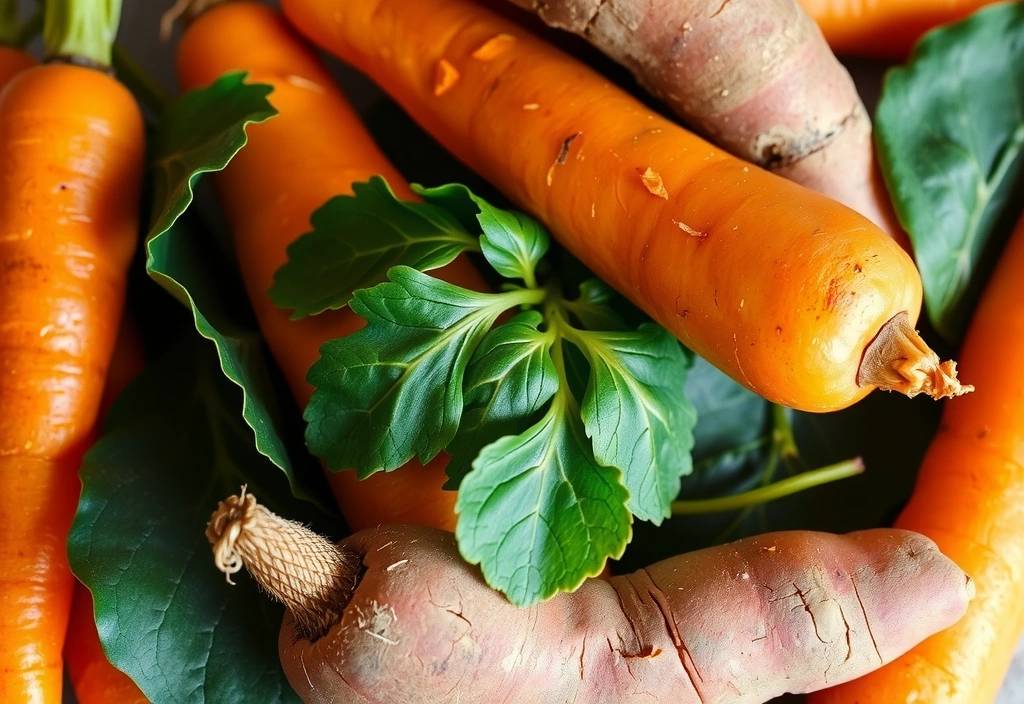 Morcovi, cartofi dulci și verdețuri cu frunze închise la culoare